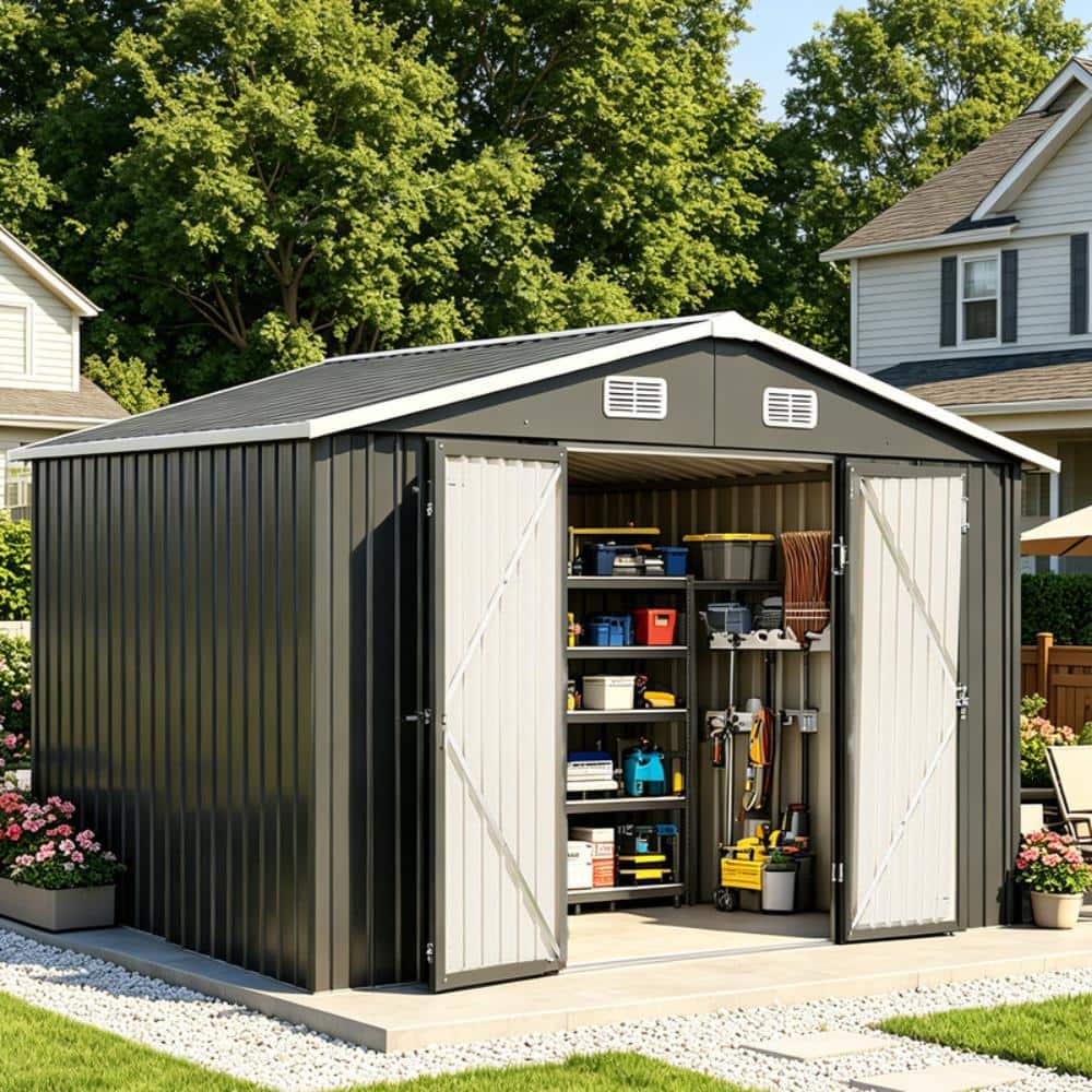 10 x 12 FT Outdoor Metal Storage Shed, Garden Shed with Double Lockable Doors & Sloped Roof, Black price history on PriceWatchPro