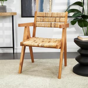 Brown Handmade Mid-Century Teak Wood Accent Chair with Wrapped Banana Leaf Seat