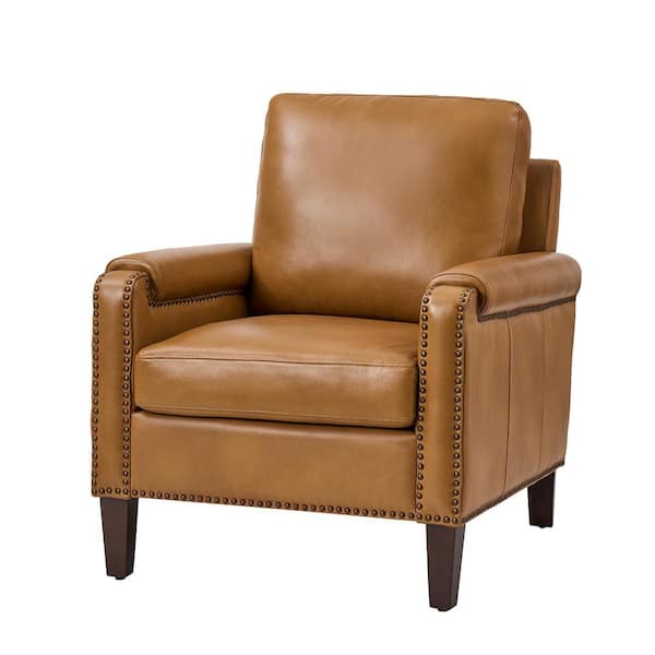 JAYDEN CREATION Leander Burgundy Genuine Leather Armchair with Removable Cushion and Nailhead Trims
