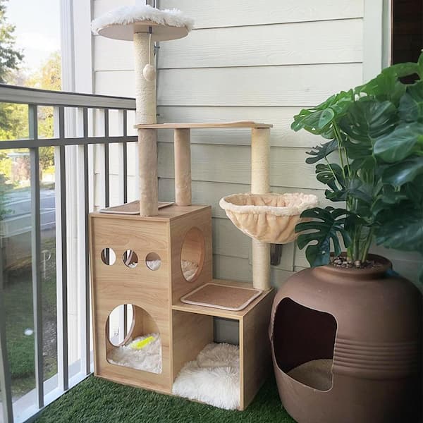 Wood Cat Tree Cat Tower With Double Condos Spacious Perch Sisal Scratching good Post