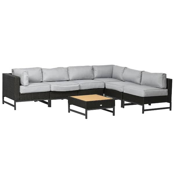 Outsunny Patio Wicker Outdoor Sectional Sofa with Thick Light Gray Cushions