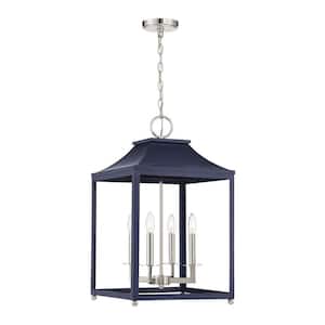 15.25 in. W x 25.5 in. H 4-Light Navy Blue with Polished Nickel Accents Open Lantern Pendant Light