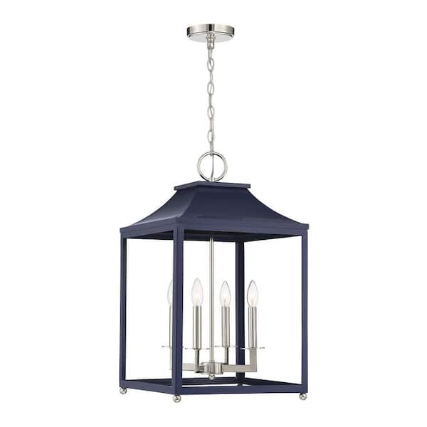 Savoy House Meridian 15.25 in. W x 25.5 in. H 4-Light Navy Blue with Polished Nickel Accents Open Lantern Pendant Light