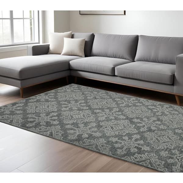 8 ft. x 10 ft. Graphite And Gray Wool Oriental Hand Hooked Area Rug