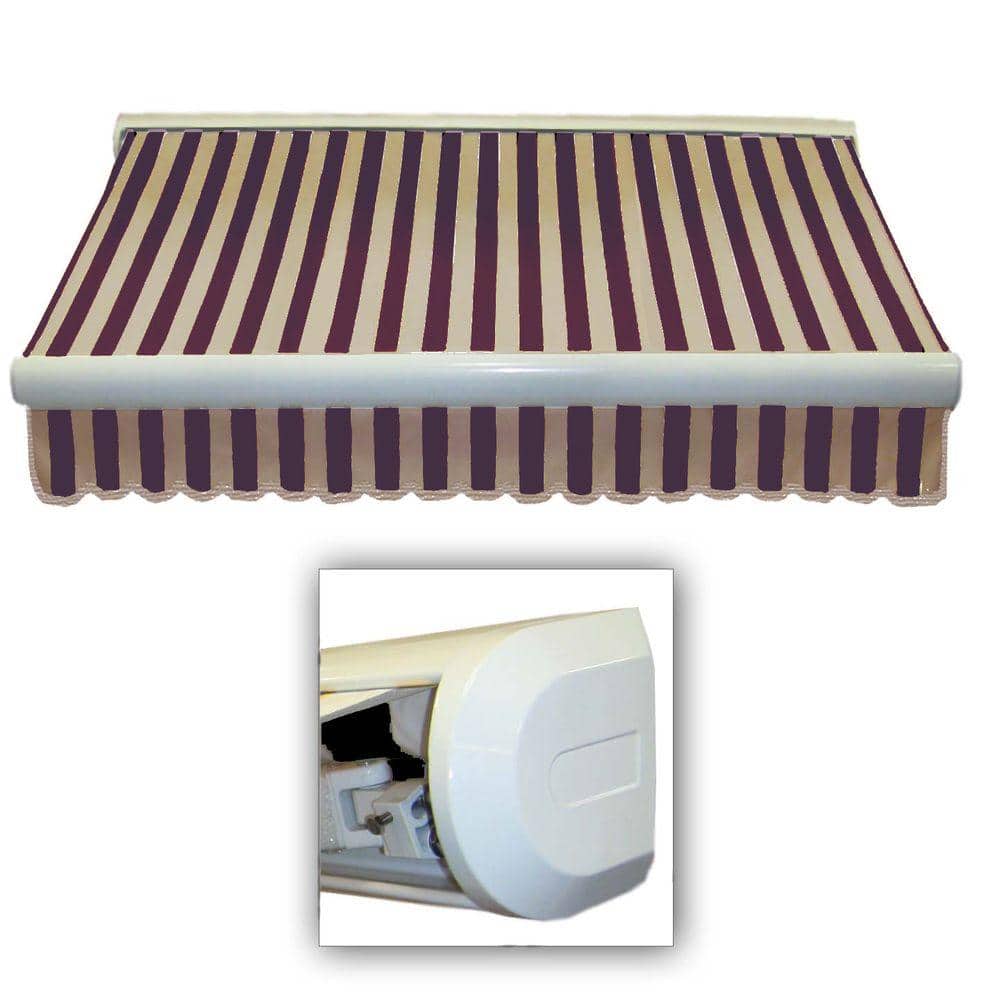 Brown and Tan Stripe Motorized Patio Retractable Awning with White Frame