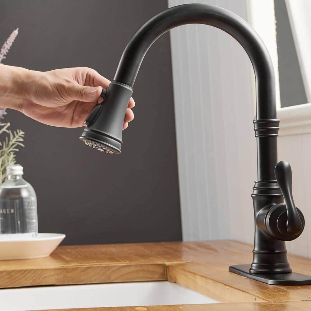 Matte Black Single-Handle Pull-Down Kitchen Faucet with Deck Plate