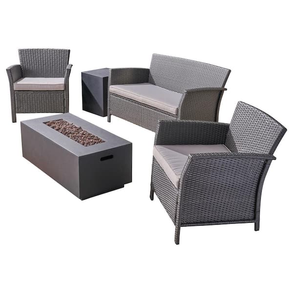 St. Lucia Gray 5-Piece Faux Rattan Patio Fire Pit Conversation Set with Silver Cushions