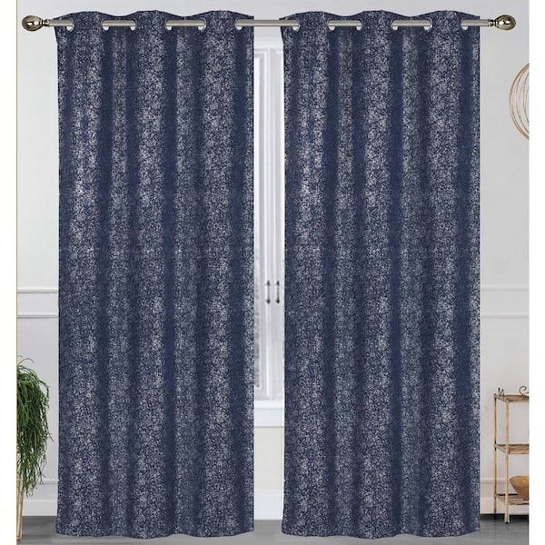 J&V TEXTILES Crystal Navy Blue Textured Polyester Thermal 76 in. W x 84 in. L Grommet Blackout Curtain Panel (2-Set)