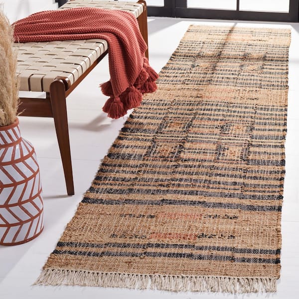 Kilim 2 ft. x 13 ft. Natural/Black Aztec Striped Runner Rug