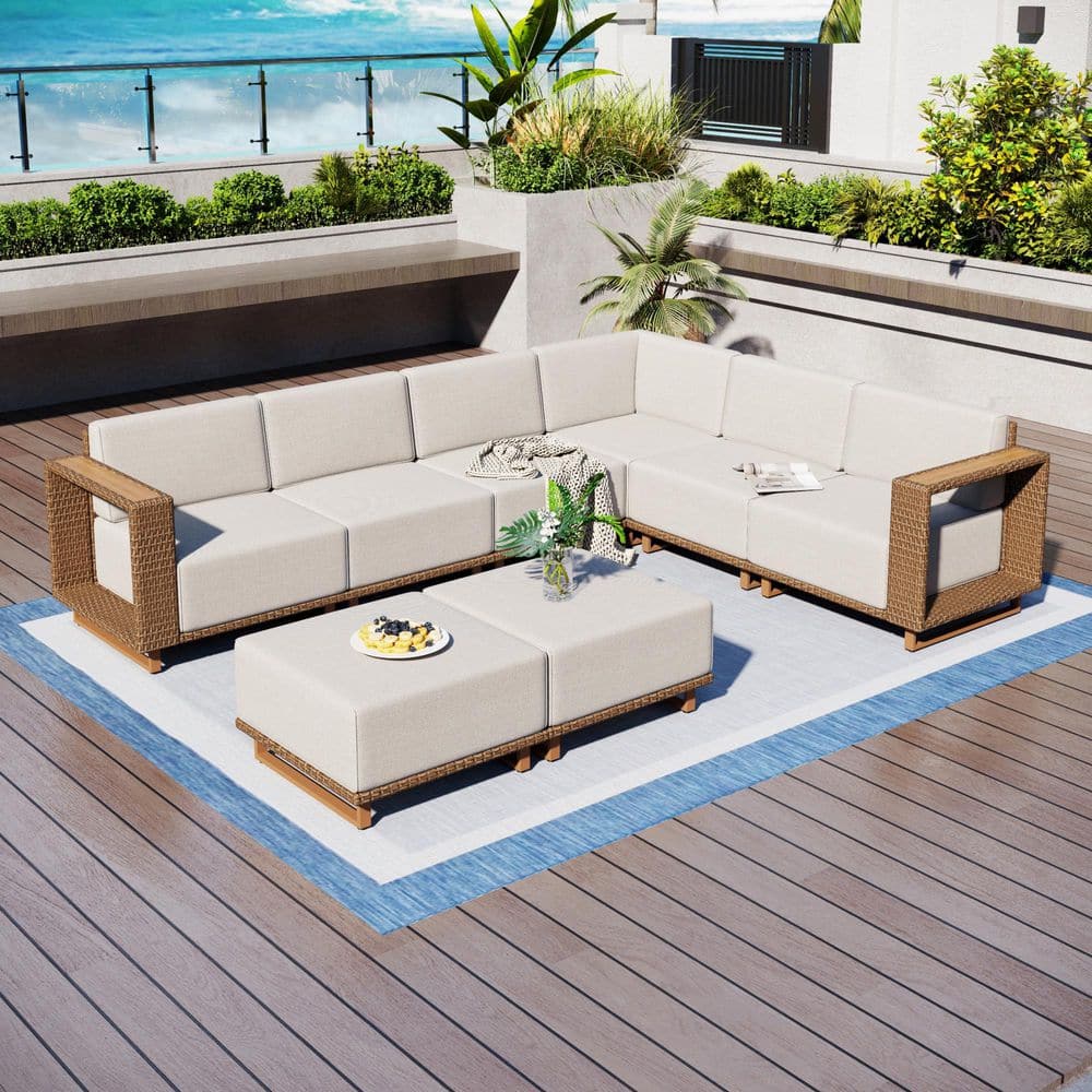 PHI VILLA Brown Rattan Wicker 8 Seat 8-Piece Steel Outdoor