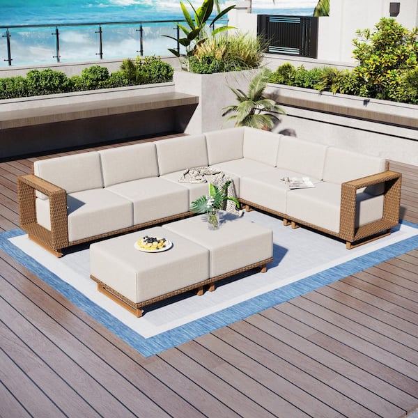 Brown Rattan Wicker 8 Seat 8-Piece Steel Outdoor Sectional Set with Beige Cushions and 2 Ottomans