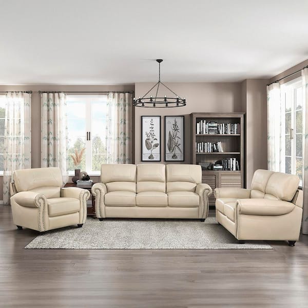 Sofa Set Beige Leather Reclining Sofa Lazzara Brennen 84 W Rolled
