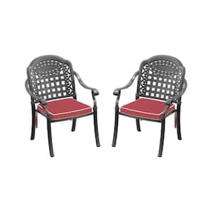 2 Pcs Outdoor Cast Aluminum Black Dining Chairs with Random Colors Cushions for Patio Balcony and Backyard
