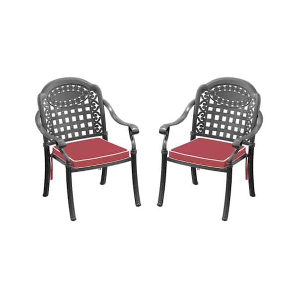 Misopily 2 Pcs Outdoor Cast Aluminum Black Dining Chairs with Random Colors Cushions for Patio Balcony and Backyard