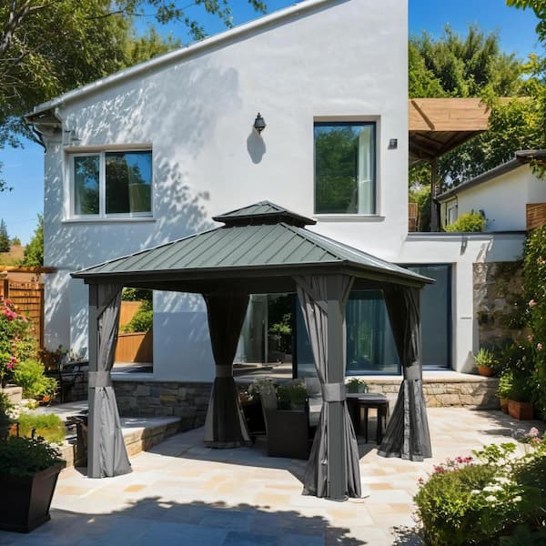 10 ft. x 10 ft. Gray Aluminum Frame Hardtop Gazebo with Galvanized Steel Double Roof Canopy, Curtains and Netting