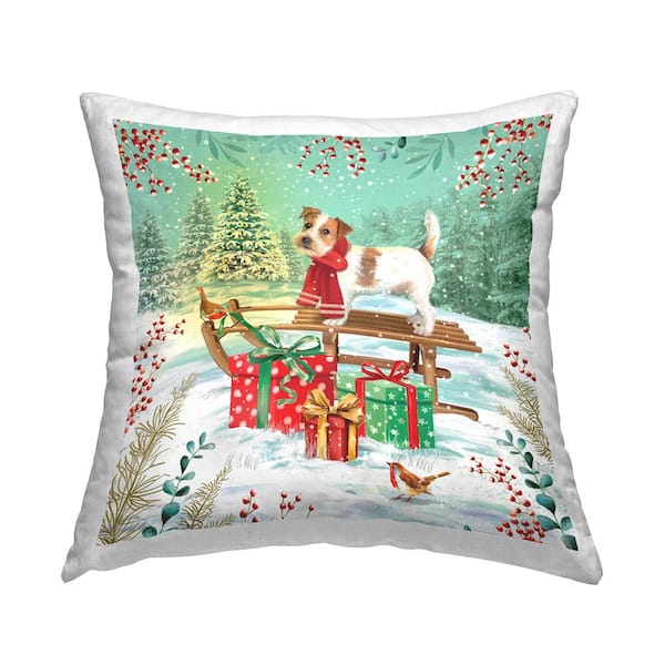 Stupell Industries Festive Puppy Gift Sleigh Multi-Color Print Polyester 18in. X 18in. Throw Pillow