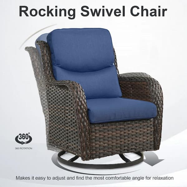 5-Piece Brown Wicker Outdoor Square Fire Pit Conversation Set with Blue Cushions and Swivel Rocker Patio Chairs