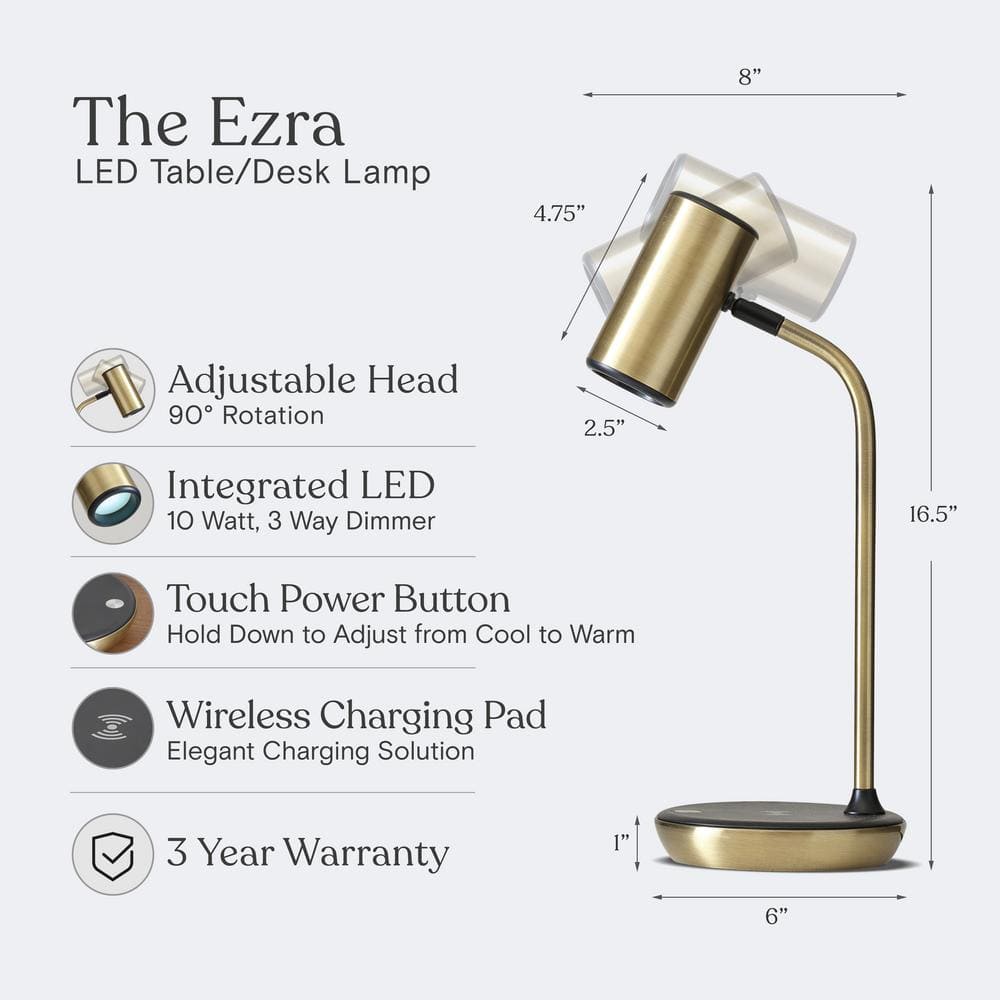 Ezra Antique Brass Adjustable LED Desk Lamp with Wireless Charging Pad