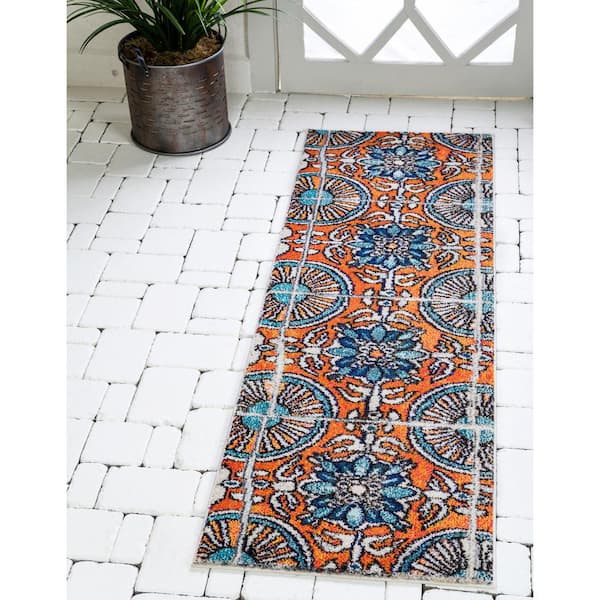 Estrella Salma Orange/Blue 2 ft. x 6 ft. Floral Runner Rug
