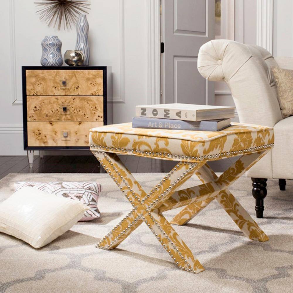 Maize and Beige Damask Pattern Upholstered Ottoman with Silver Nailhead Trim