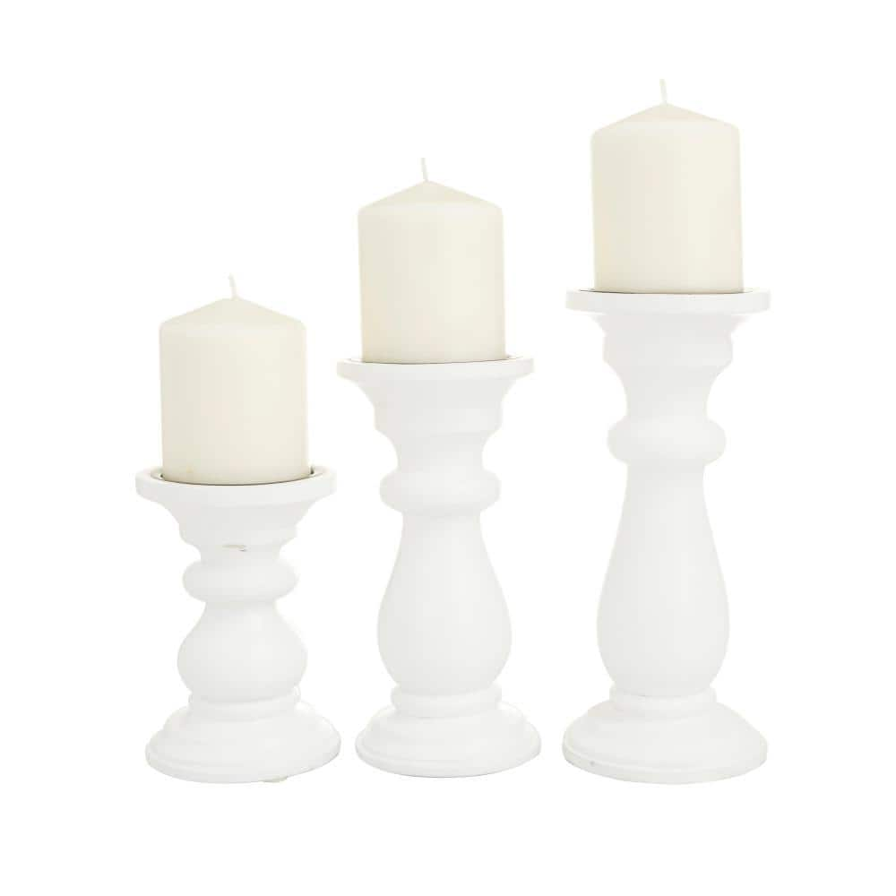 Litton Lane White Mango Wood Turned Style Pillar Candle Holder (Set of 3)