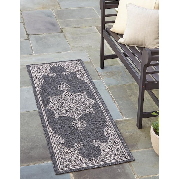 Charcoal Gray Antique 2 ft. x 6 ft. Outdoor Runner Rug