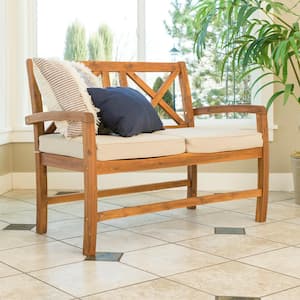 Acacia Wood Outdoor Patio X-Back Loveseat with Cushions - Brown