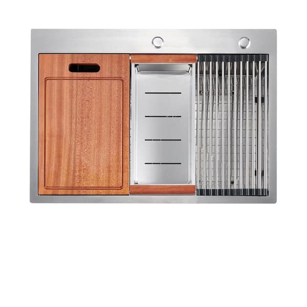 28 in. Drop-In Single Bowl 18 Gauge Brushed Chrome Stainless Steel Kitchen Sink with Bottom Grids