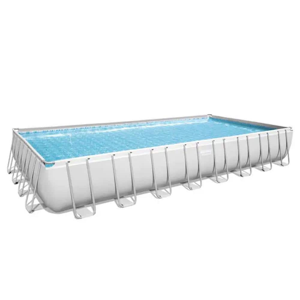 31 ft Gray Rectangular Metal Frame Above Ground Pool Set with Pump and Ladder