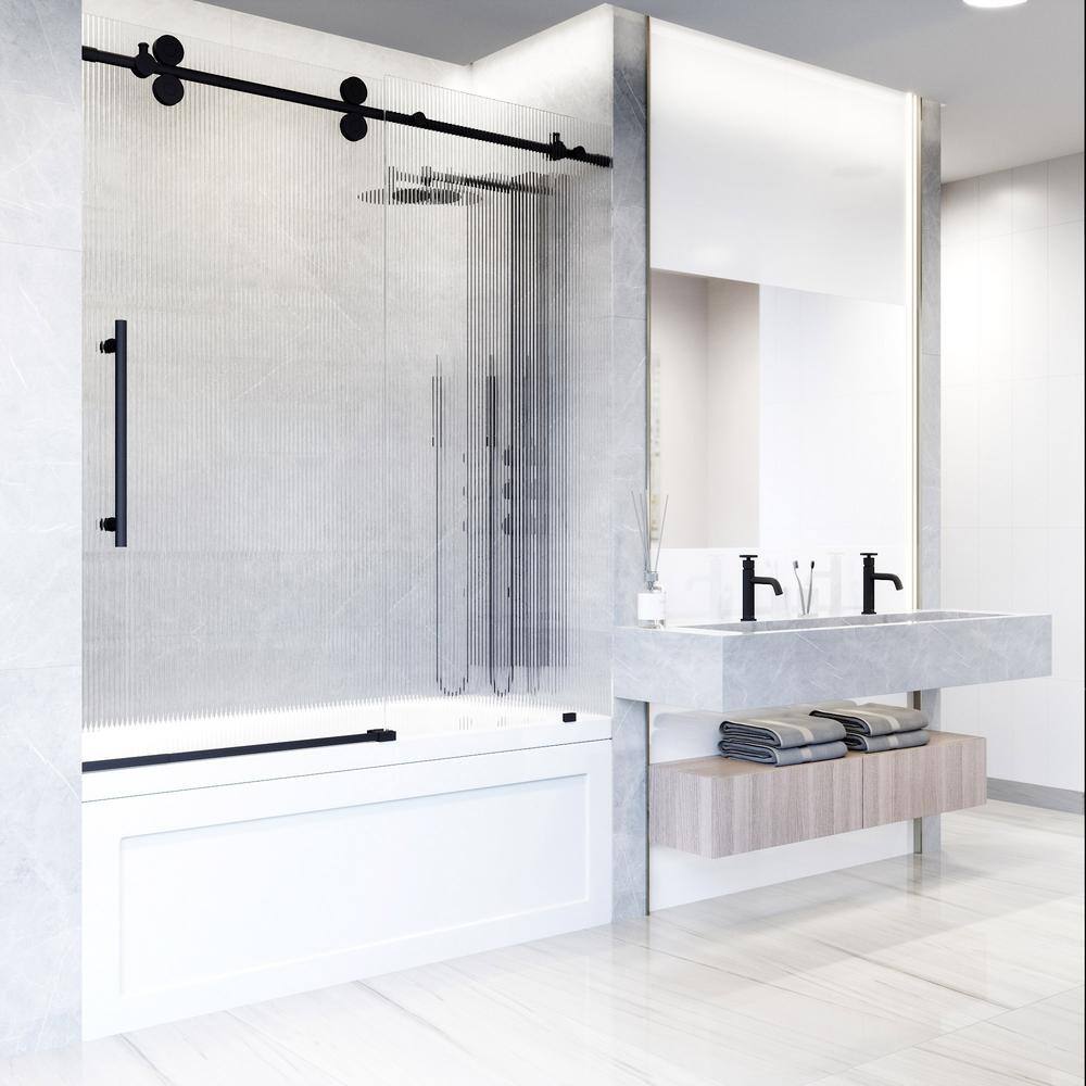 Elan 60" Matte Black Frameless Sliding Tub Door with Fluted Glass