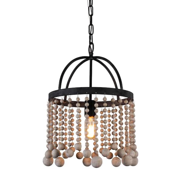Bella Depot 1-Light Black Finish Bohemia Rustic Ceiling Light Wood Bead Chandelier