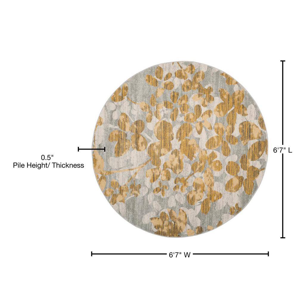 Grey and Gold Floral Round Synthetic Area Rug, 6'7"