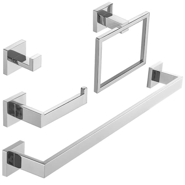 BWE 4-Piece Bath Hardware Set Bathroom Set with towel bar Towel Hook Toilet Paper Holder and Towel Ring in Polished Chrome