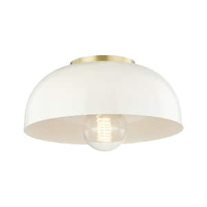 Avery 1-Light 11 in. W Aged Brass Semi-Flush Mount with Cream Metal Shade