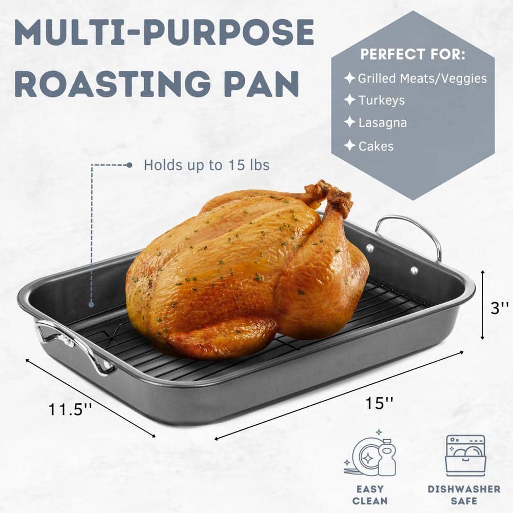 15-Inch Non-Stick Carbon Steel Roasting Pan with Rack and Handles