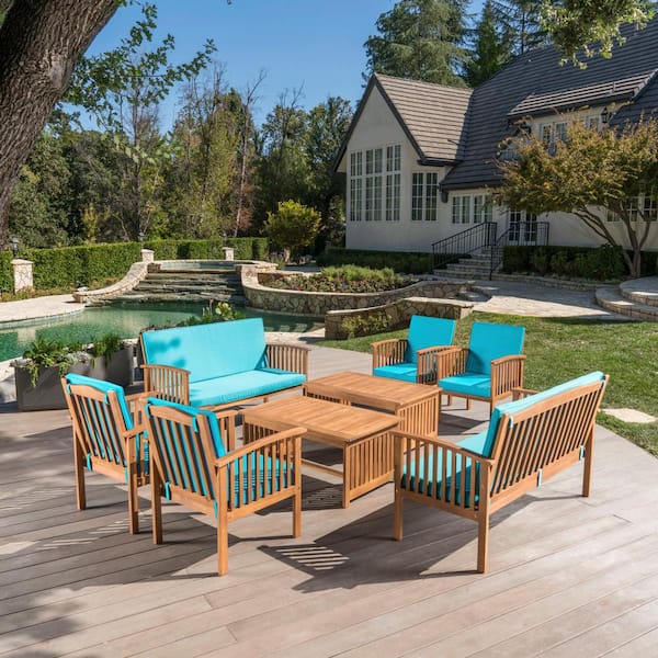 Noble House Thalia Brown 8-Piece Wood Patio Conversation Set with Teal Cushions