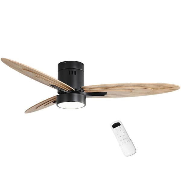 Sofucor 56in. Indoor/Outdoor Wood Black Flush Mount Ceiling Fan with Dimmable LED Light and Remote Control