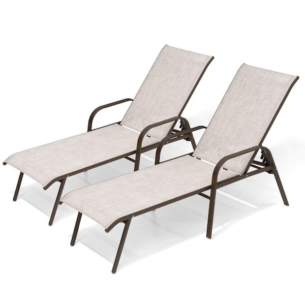 Beige 2-Piece Metal Adjustable Outdoor Chaise Lounge