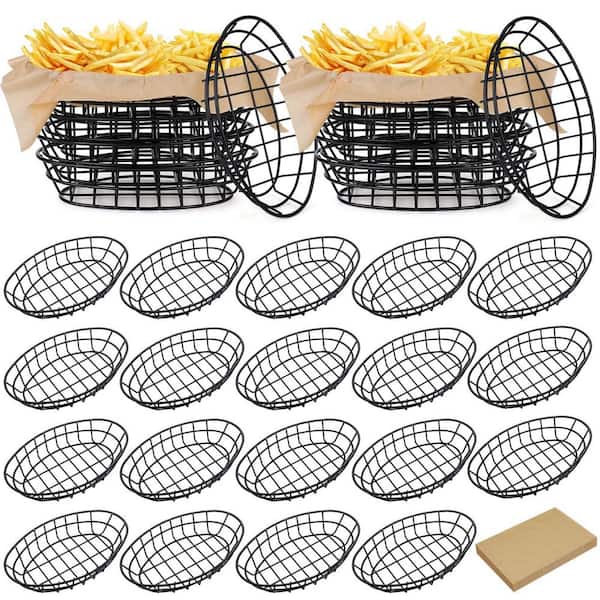 24-Piece Black Metal Bread Baskets with 100 Sheets Deli Wrappers Paper, Oval Basket Storage for Kitchen Table Fast Food