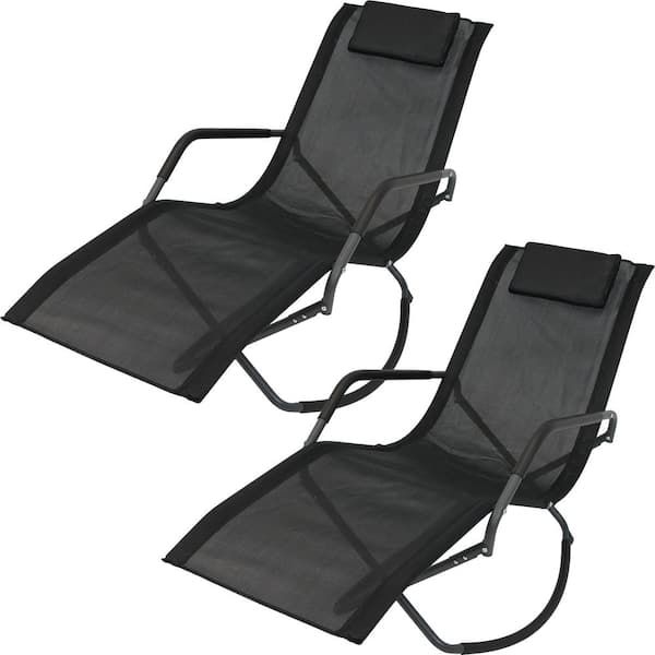 Sunnydaze Decor Gray Frame Folding Rocking Sling Outdoor Lounge Chair with Pillow in Black (Set of 2)