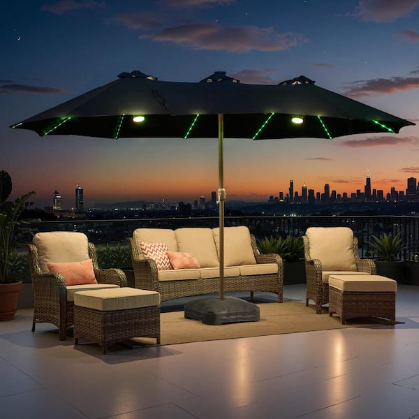 best 15 patio umbrella Caodoc 15 ft. Metal Market Rectangle Outdoor Patio Umbrella in Black with Base & Solar RGB Lights for Deck, Backyard, Garden