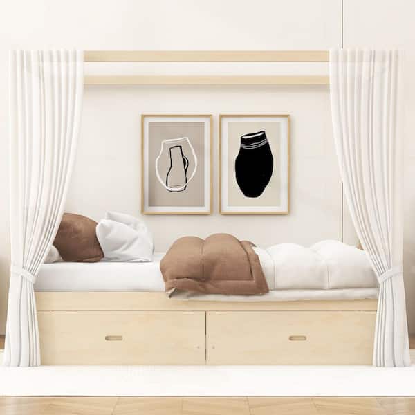 Polibi Natural/Yellow Wood Frame King Canopy Bed with Storage