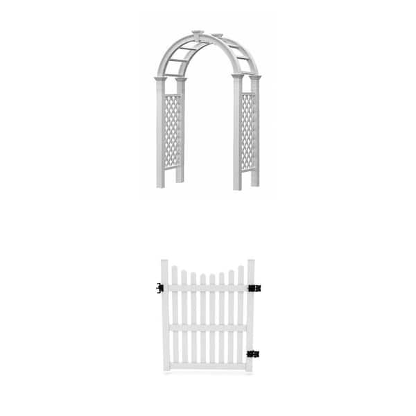 60"L Nantucket Legacy Vinyl Arbor and 4 ft. x 5 ft. White Vinyl Picket Fence Gate Combo