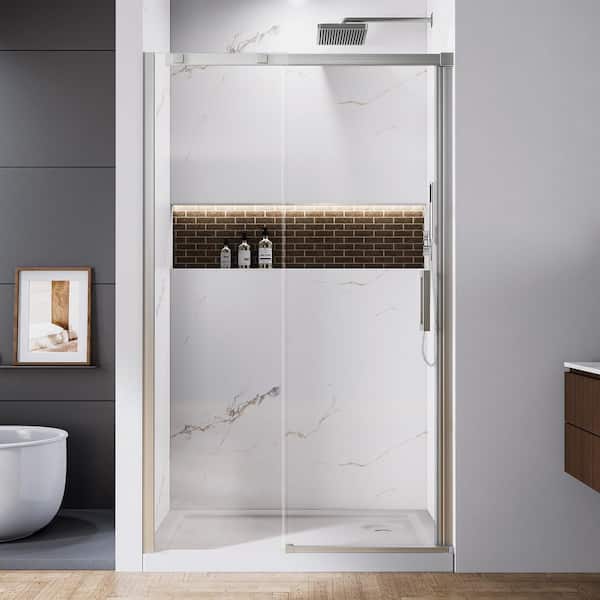 48 in. W x 74 in. H Sliding Framed Shower Door in Brushed Nickel with Clear Glass