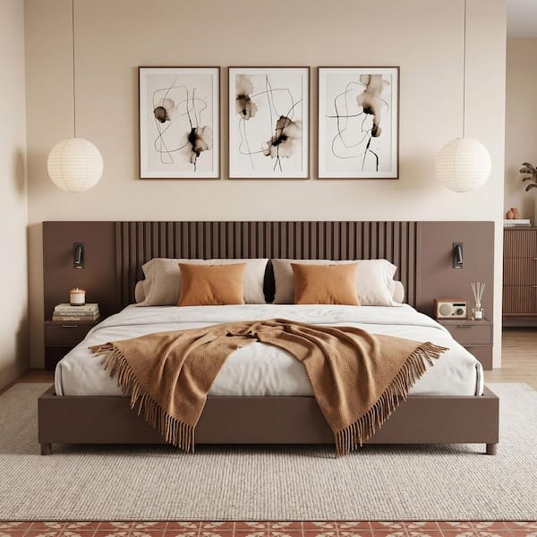 Walnut Brown Wood Frame King Platform Bed with Built-in Storage Nightstands and Reading Lights