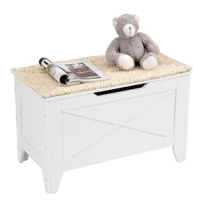 Storage Ottoman Bench, 30 in. White Wooden Toy Storage Box Chest with Safety Hinge Shoe Bench with U-Shaped Cut-Out Pull