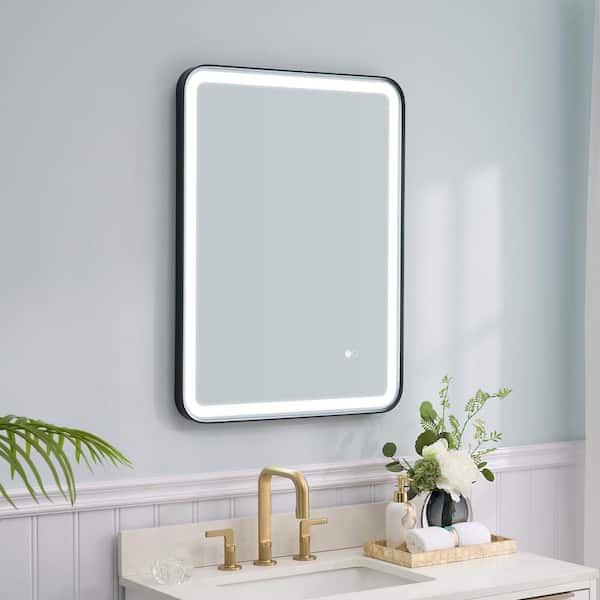 ANGELES HOME 24 in. W x 32 in. H Rectangular Aluminum Framed Wall Mount LED Light Fog Free Bathroom Vanity Mirror in Matte Black