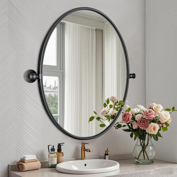 LuxHomez 20 in. W x 24 in. H Classic Oval Metal Frame Balck Adjustable Vanity Mirror / Bathroom Mirror