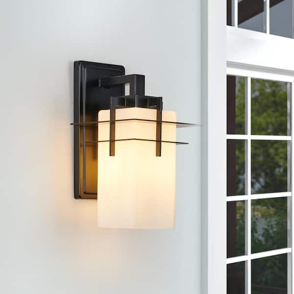 LANSEKI Herscher Modern 1-Light Matte Black Dimmable Wall Lantern Sconce with Frosted White Glass Shade