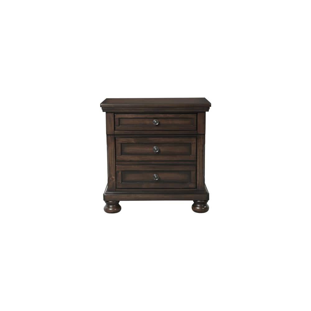 Walnut 3-Drawer Nightstand with USB Ports and Bun Feet